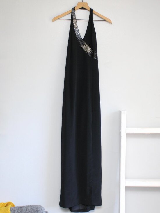 Niteline Dresses & Skirts - Niteline VTG Y2K Black Silver Beaded Halter Neckline Maxi Formal Dress Size 8